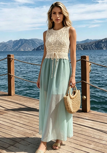 Women Hollow-Out Crochet Patchwork Chiffon Beach Dress