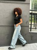 Women Double Waistband Light Washed Distressed Denim Pants