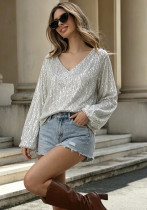 Women Silver Sequin Top V-Neck Lantern Sleeve Shirt Women Silver Sequin Top V-Neck Lantern Sleeve Shirt