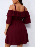 Plus Size Women Burgundy Off-Shoulder Ruffle Half-Sleeve Mini Dress