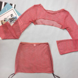 Women Glossy Mesh Cover-Up Sexy Bikini Beach Swimwear Three-Piece