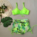 Women Tropical Leaf Print Fluorescent Square Leg Swimwear