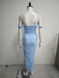 Women Sexy Backless Pleated Irregular Slit Mesh Strap Dress