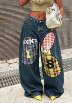 Women Checkered Number Patchwork Embroidered Denim Pants Women Checkered Number Patchwork Embroidered Denim Pants