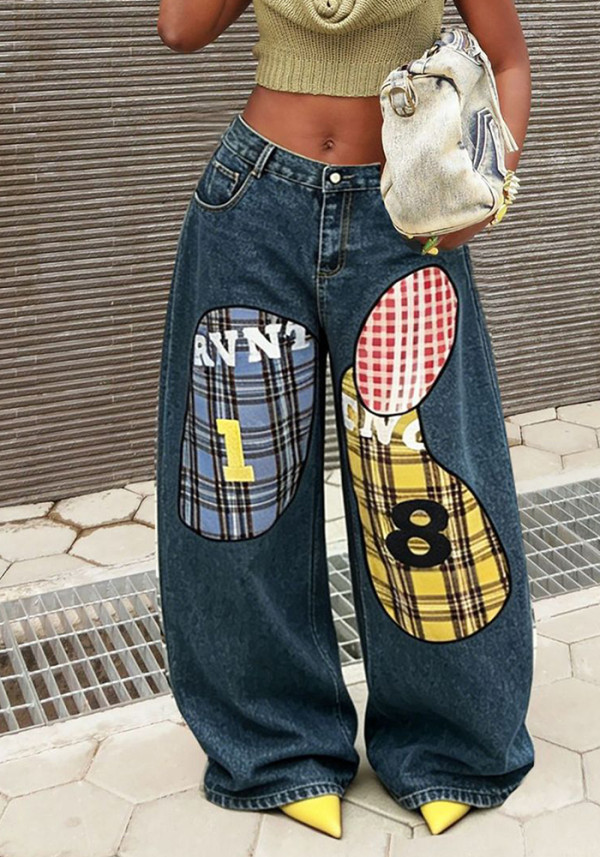 Women Checkered Number Patchwork Embroidered Denim Pants