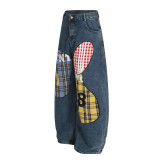 Women Checkered Number Patchwork Embroidered Denim Pants