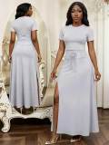 Women Pearl Round Neck Short-Sleeve Top + Slit Skirt Two-Piece Set