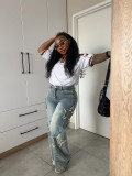 Women Star-Embellished Washed Denim Pants
