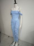 Women Sexy Backless Pleated Irregular Slit Mesh Strap Dress