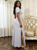 Women Pearl Round Neck Short-Sleeve Top + Slit Skirt Two-Piece Set