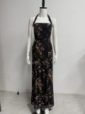 Women Summer Mesh Halter Neck Lace-Up Printed Maxi Dress