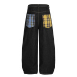 Women Checkered Number Patchwork Embroidered Denim Pants