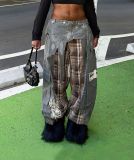 Women Checkered Patchwork Embroidered Denim Pants