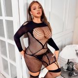 Plus Size Women Black Sexy Mesh Bodysuit + Stocking Hollow-Out See-Through Lingerie Two-Piece Set