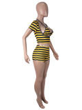 Women Sexy Striped Printed Short-Sleeve Top, Tank Top, and Shorts Three-Piece Set