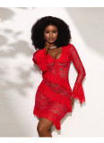 Women's Sexy See-Through Lace Deep V-Neck Bell Sleeve Bodycon Dress