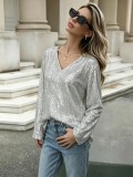 Women Silver Sequin Top V-Neck Lantern Sleeve Shirt