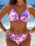Women Halter Neck Tie-Up Sexy Floral Print Ruffle Edge Swimwear Two-Piece