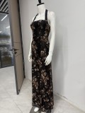 Women Summer Mesh Halter Neck Lace-Up Printed Maxi Dress