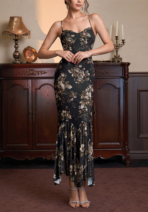Women Summer Print Sexy Lace Patchwork Asymmetrical Maxi Strap Dress