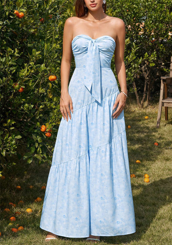 Women Strapless Bow Lace-Up Sexy Backless Pleated Printed Maxi Dress