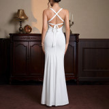 Women Backless Lace-Up Sexy Backless High Slit Pleated Bodycon Maxi Dress