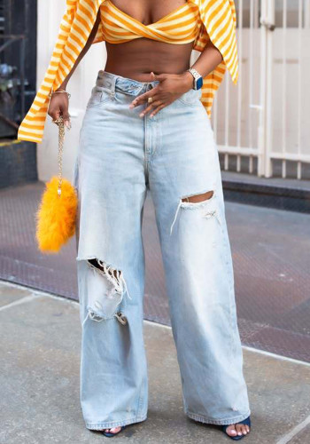 Women Fold-Up Ripped Denim Pants