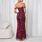 Women Mesh Backless High Slit Off-Shoulder Pleated Bodycon Maxi Strap Dress