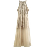 Women Champagne Sequin Halter Neck Mesh Dress