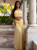 Women Summer Sexy Strapless Top and Ribbon Pleated Skirt Two-Piece Set