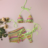 Women Sexy Striped Square Leg Drawstring Swimwear Three-Piece