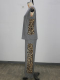 Women Casual Leopard Print Patchwork Sleeveless Vest Top and Wide-Leg Pants Two-Piece Set