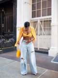 Women Fold-Up Ripped Denim Pants
