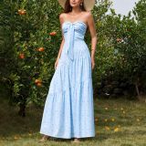 Women Strapless Bow Lace-Up Sexy Backless Pleated Printed Maxi Dress