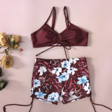 Women Tropical Leaf Print Fluorescent Square Leg Swimwear