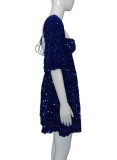 Women Square Neck Puff Sleeve Sequin Birthday Mini Dress
