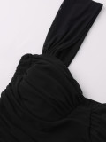 Women Mesh Backless High Slit Off-Shoulder Pleated Bodycon Maxi Strap Dress