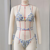 Women Bikini Lace-Up Sexy Backless Printed Two-Piece Swimwear