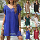 Women Cover-Up V-Neck Hollow-Out Patchwork Beach Holidays Beach Dresses