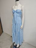 Women Strapless Bow Lace-Up Sexy Backless Pleated Printed Maxi Dress