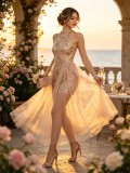 Women Champagne Sequin Halter Neck Mesh Dress