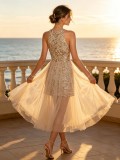 Women Champagne Sequin Halter Neck Mesh Dress