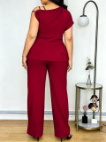 Plus Size Women Summer Casual Slash Shoulder asymmetrical bat sleeves top and Panttwo-piece set