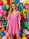 Women Square Neck Puff Sleeve Sequin Birthday Mini Dress