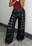 Women Metal Rivet Stitched Five-Pocket Denim Pants