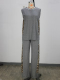 Women Casual Leopard Print Patchwork Sleeveless Vest Top and Wide-Leg Pants Two-Piece Set