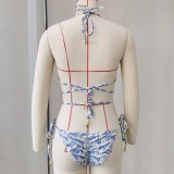 Women Bikini Lace-Up Sexy Backless Printed Two-Piece Swimwear