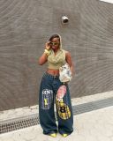 Women Checkered Number Patchwork Embroidered Denim Pants