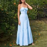 Women Strapless Bow Lace-Up Sexy Backless Pleated Printed Maxi Dress