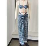 Women Striped Plaid Print Sexy Skirt Swimwear Two-Piece Swimwear